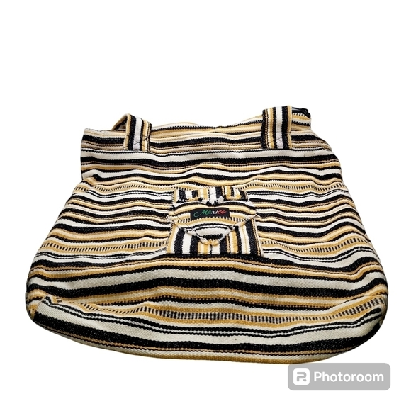 Mexico Embroidered Stripes Yellow Black White Tote 100% Cotton - Picture 5 of 11